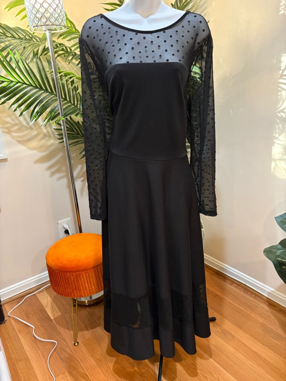 Simply Be Black Sheer Dot Yoke Long Sleeve Midi Dress